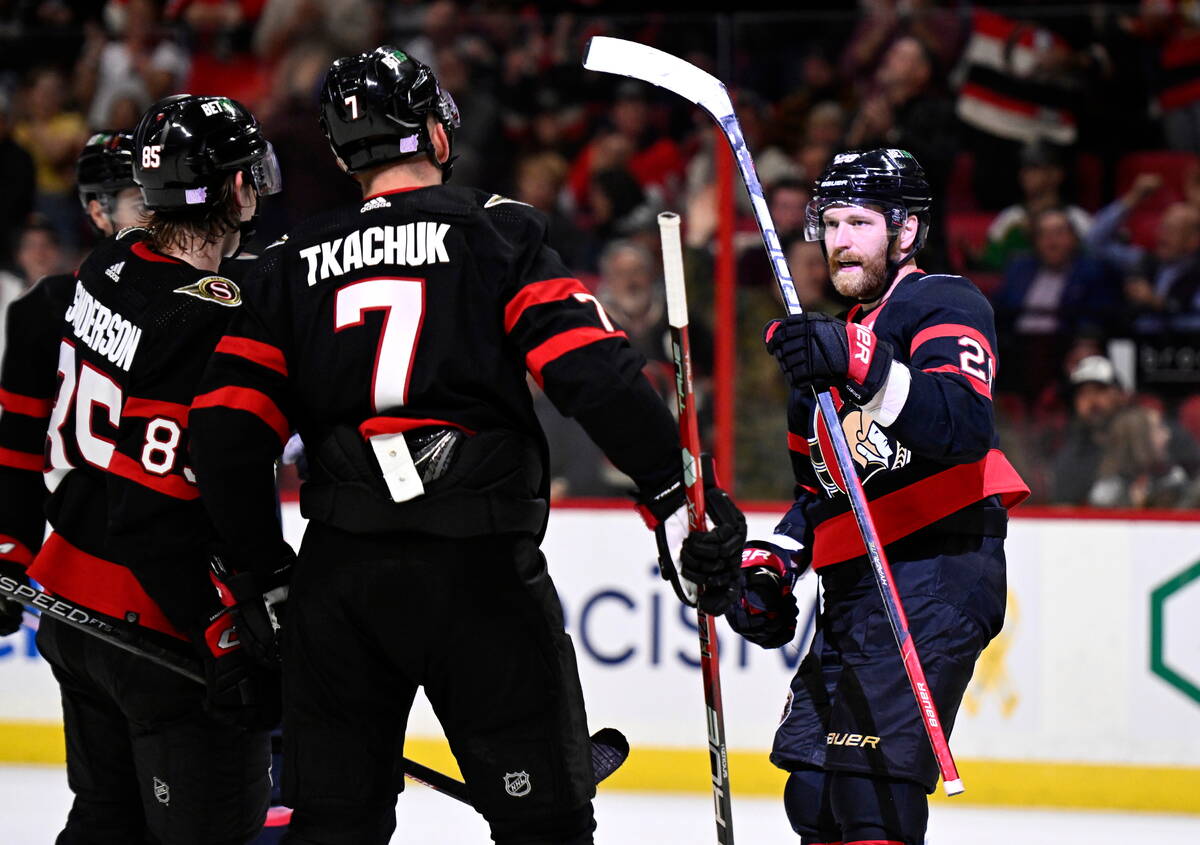 Ottawa Senators right wing Claude Giroux (28) celebrates after his goal against the Vegas Golde ...