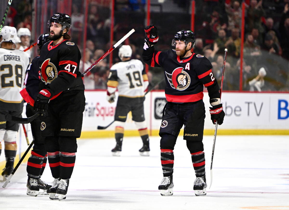 Ottawa Senators right wing Claude Giroux (28) celebrates after scoring a goal against the Vegas ...