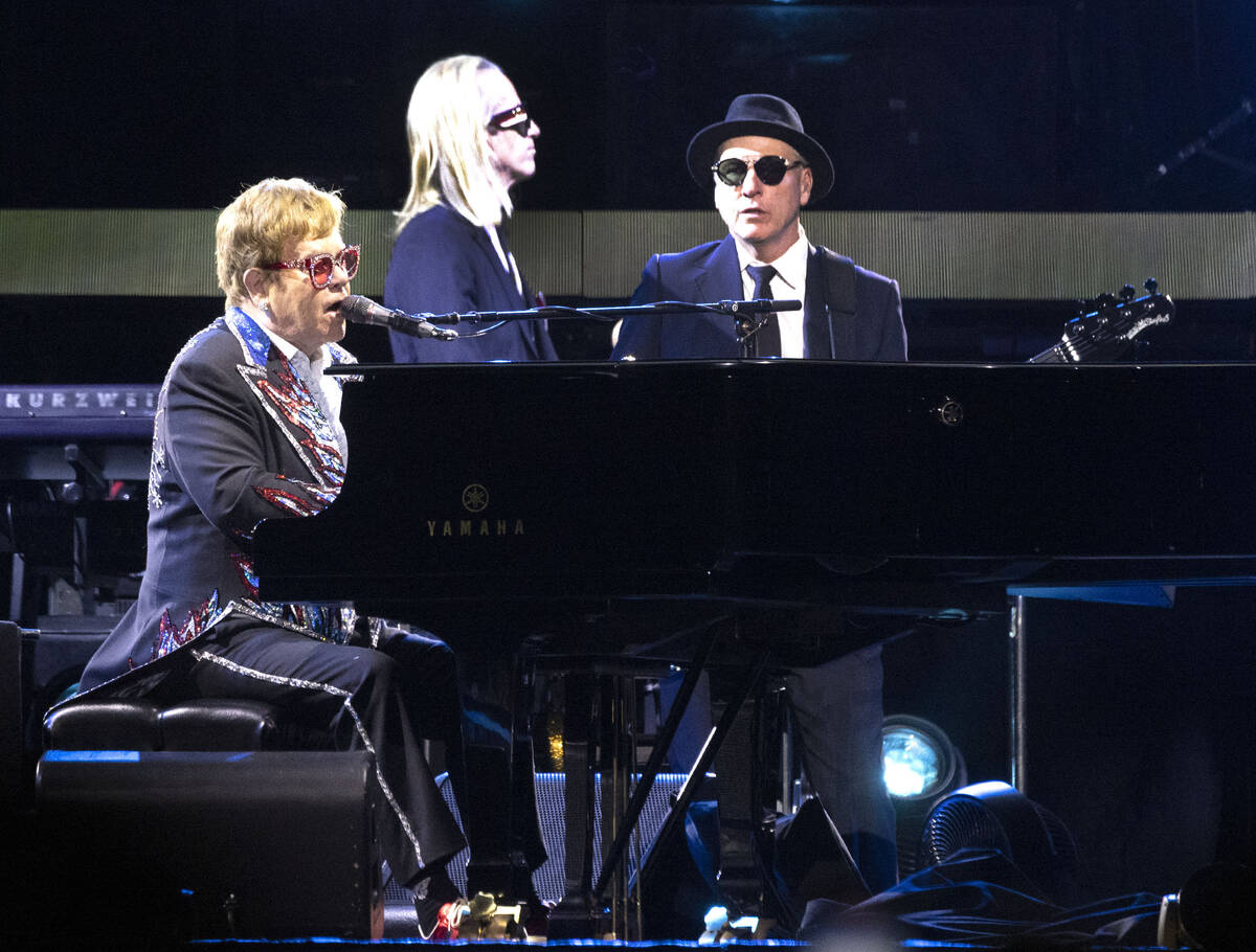 Elton John performs during his ''Farewell Yellow Brick Road,'' final tour at Allegiant Stadium, ...