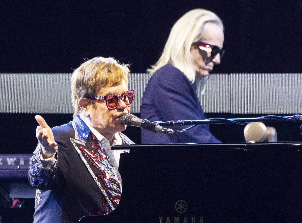 Elton John performs during his ''Farewell Yellow Brick Road,'' final tour at Allegiant Stadium, ...