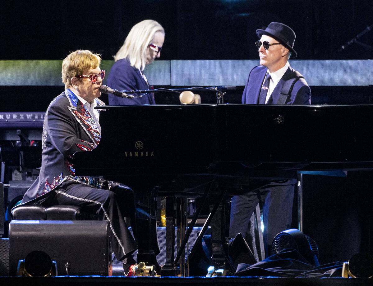 Elton John performs during his ''Farewell Yellow Brick Road,'' final tour at Allegiant Stadium, ...