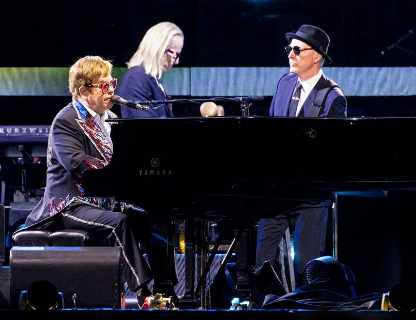 Elton John performs during his ''Farewell Yellow Brick Road,'' final tour at Allegiant Stadium, ...