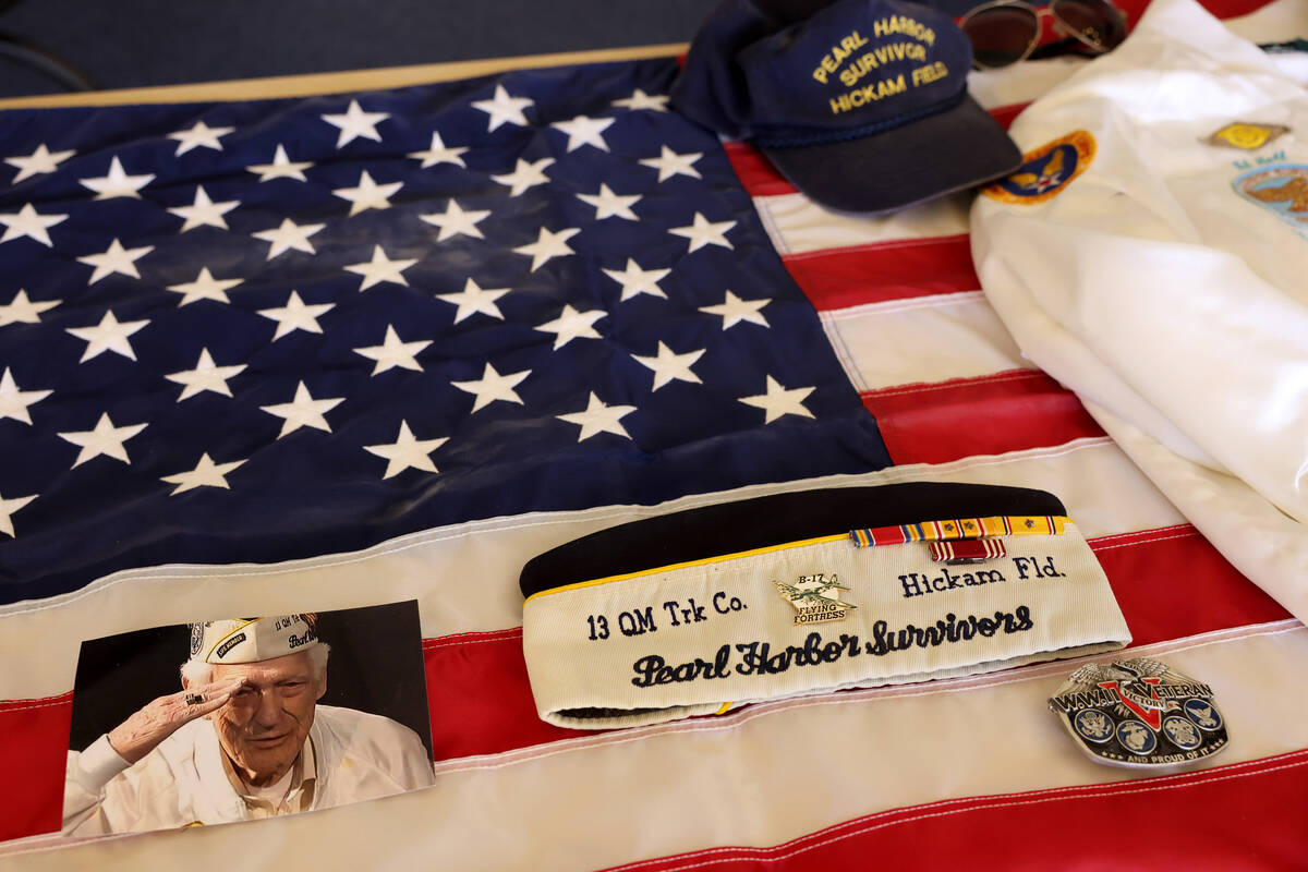 Photos and military items of Ed Hall during a memorial service at Masonic Memorial Temple in La ...