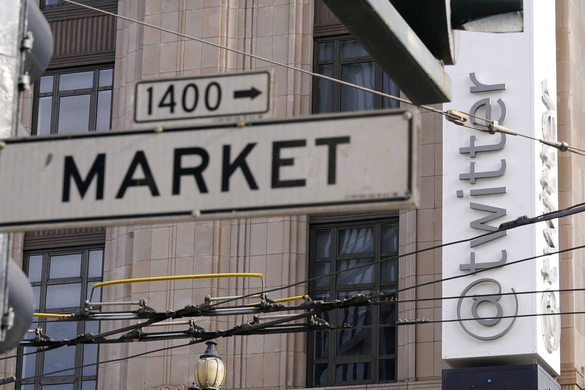 FILE - A Market Street sign is shown in front of Twitter headquarters in San Francisco, Friday, ...
