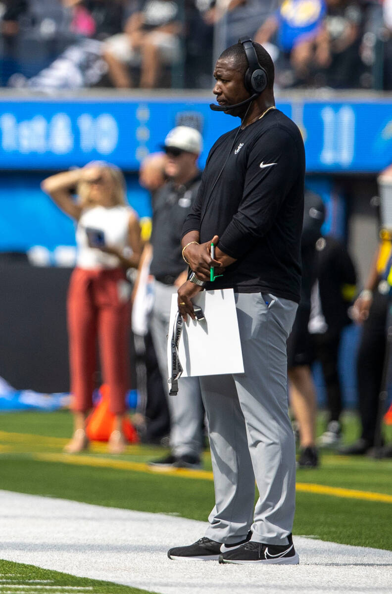 Raiders defensive coordinator Patrick Graham coaches from the sideline during the second half o ...