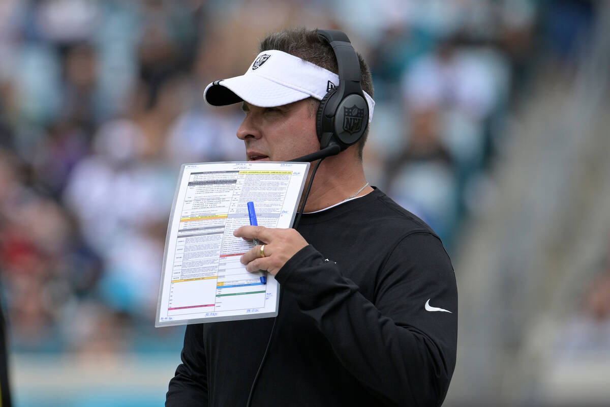 Las Vegas Raiders head coach Josh McDaniels watches from the sideline in the first half of an N ...