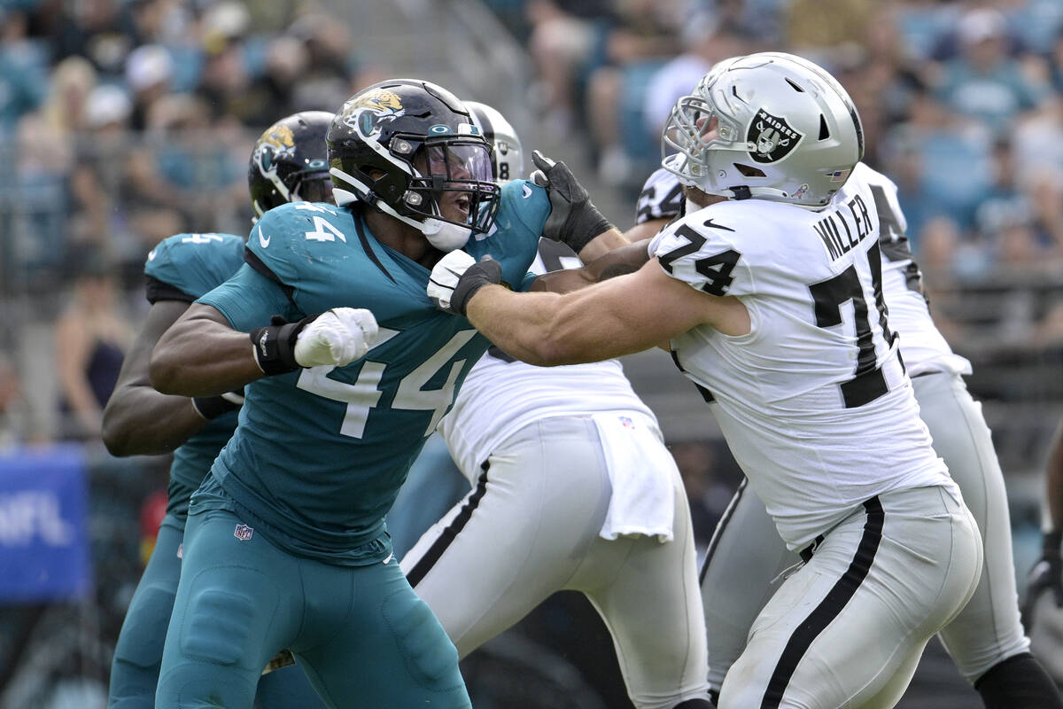 Jacksonville Jaguars linebacker Travon Walker (44) battles Las Vegas Raiders offensive tackle K ...