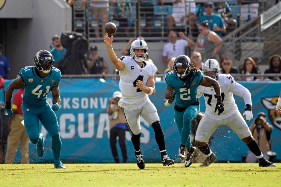 Las Vegas Raiders quarterback Derek Carr (4) passes as he is pressured by Jacksonville Jaguars ...