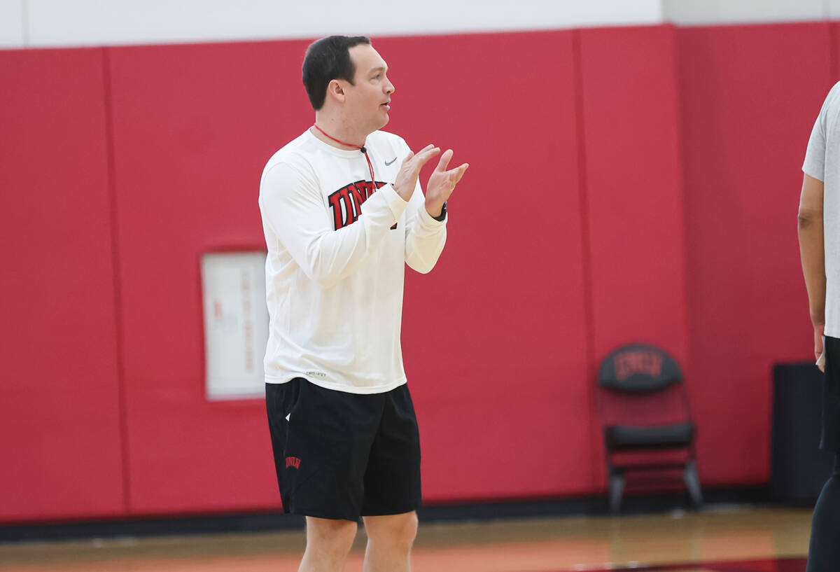 UNLV basketball head coach Kevin Kruger leads practice at Mendenhall Center on Wednesday, Oct. ...