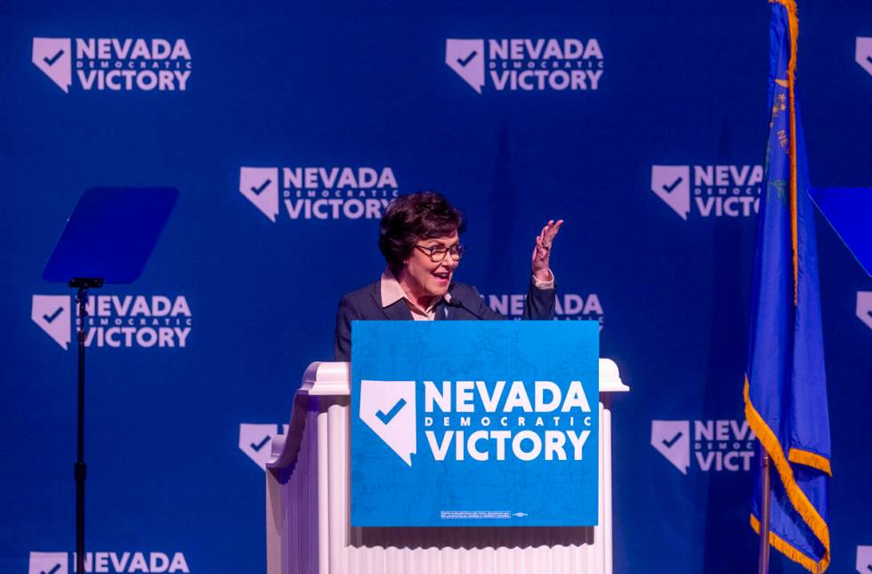 Senator Jacky Rosen speaks during the Nevada Democratic Victory Election Night party in the bal ...
