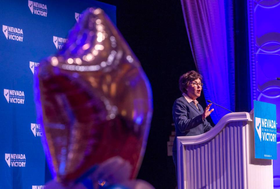 Senator Jacky Rosen speaks during the Nevada Democratic Victory Election Night party in the bal ...