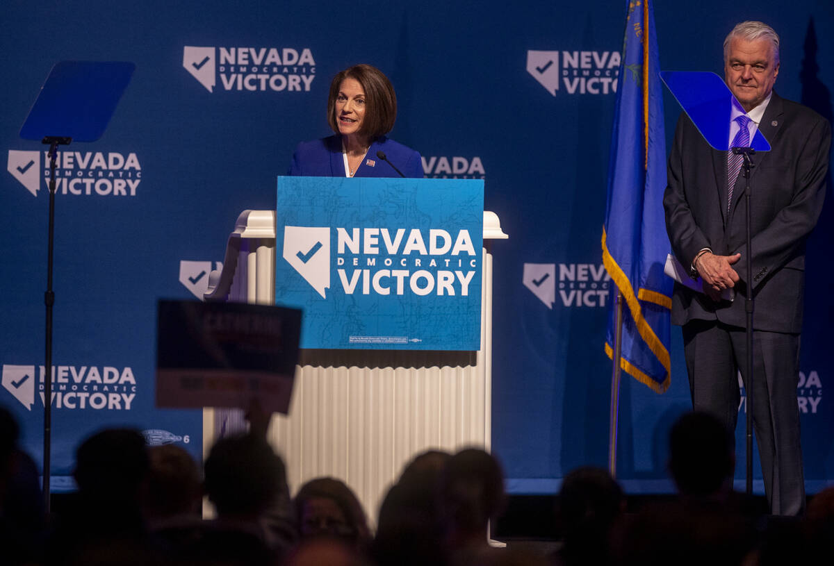 Senator Catherine Cortez Masto speaks beside Governor Steve Sisolak during the Nevada Democrati ...