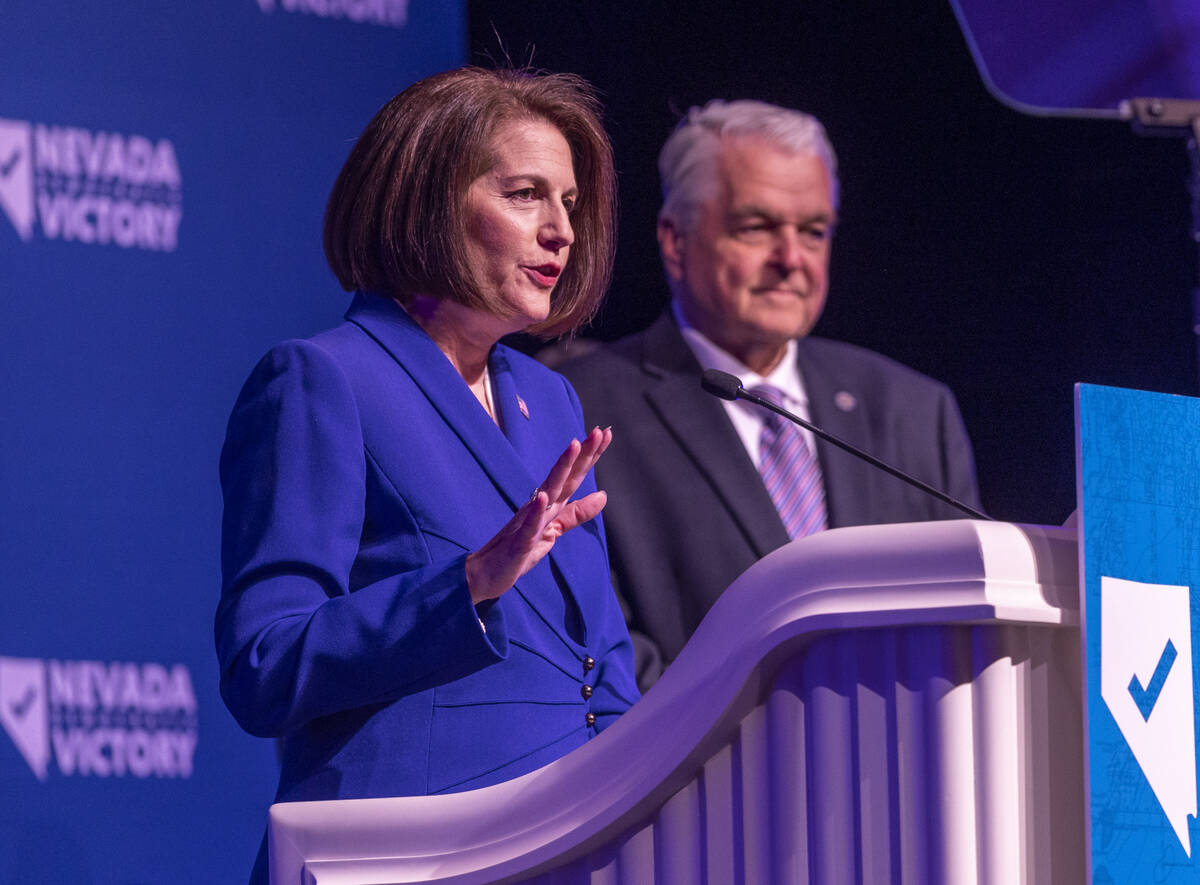 Senator Catherine Cortez Masto speaks beside Governor Steve Sisolak during the Nevada Democrati ...