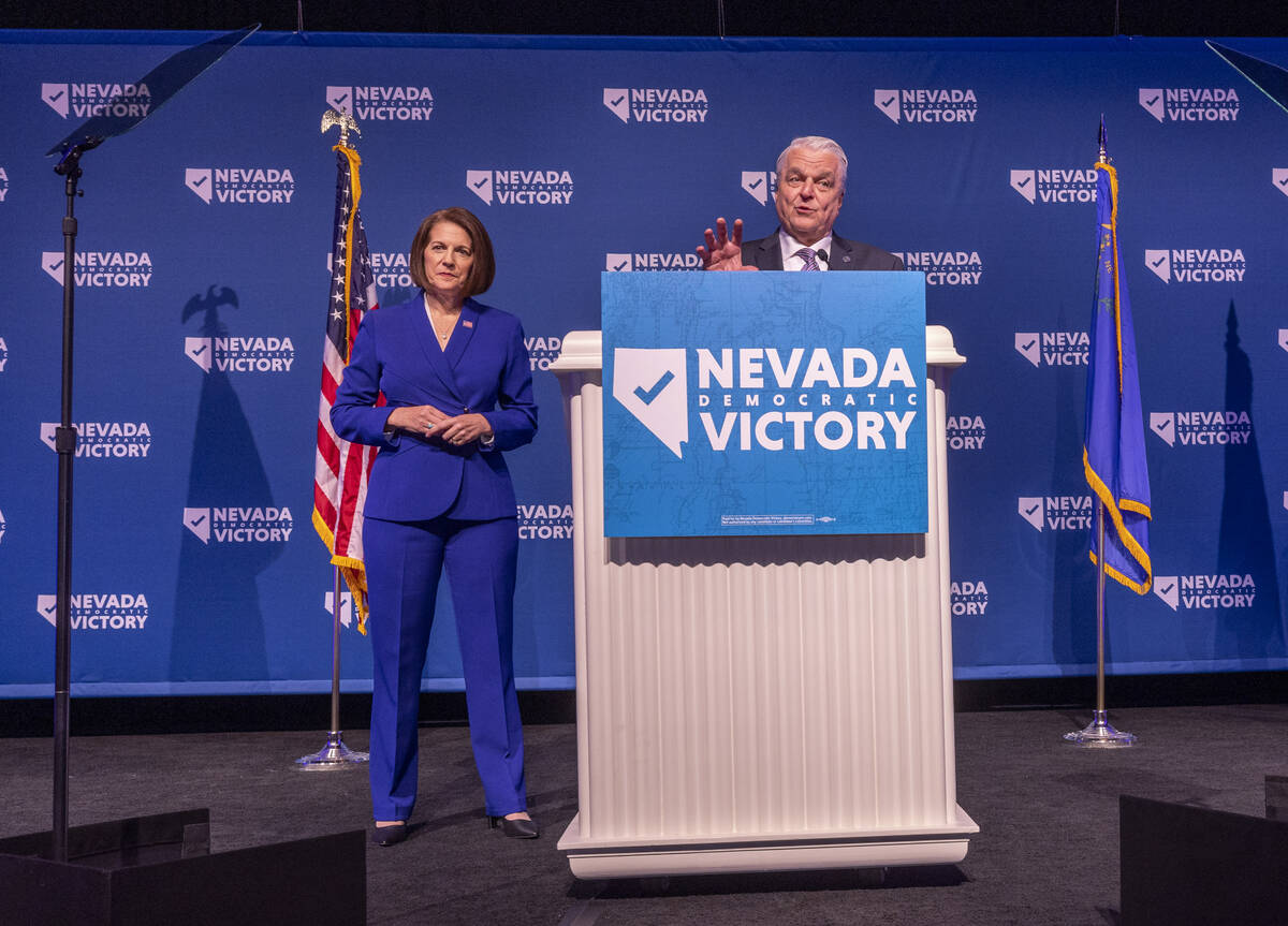Governor Steve Sisolak speaks with Senator Catherine Cortez Masto at his side during the Nevada ...