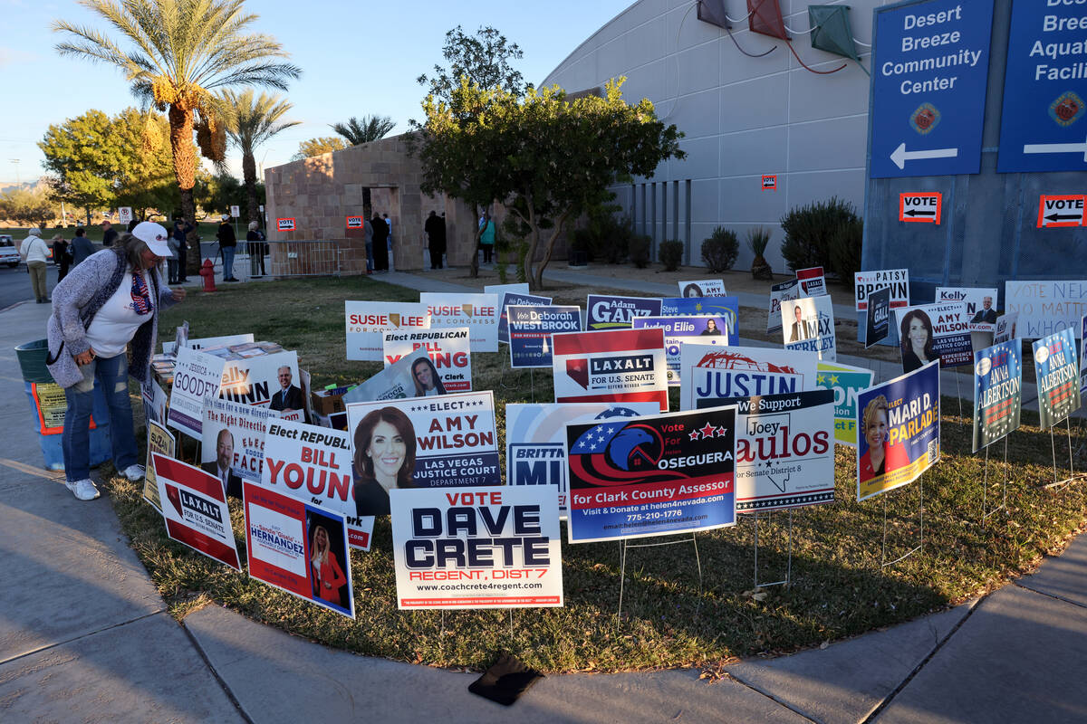 Helen Oseguera, a Republican candidate for Clark County Assessor, with campaign signs and infor ...