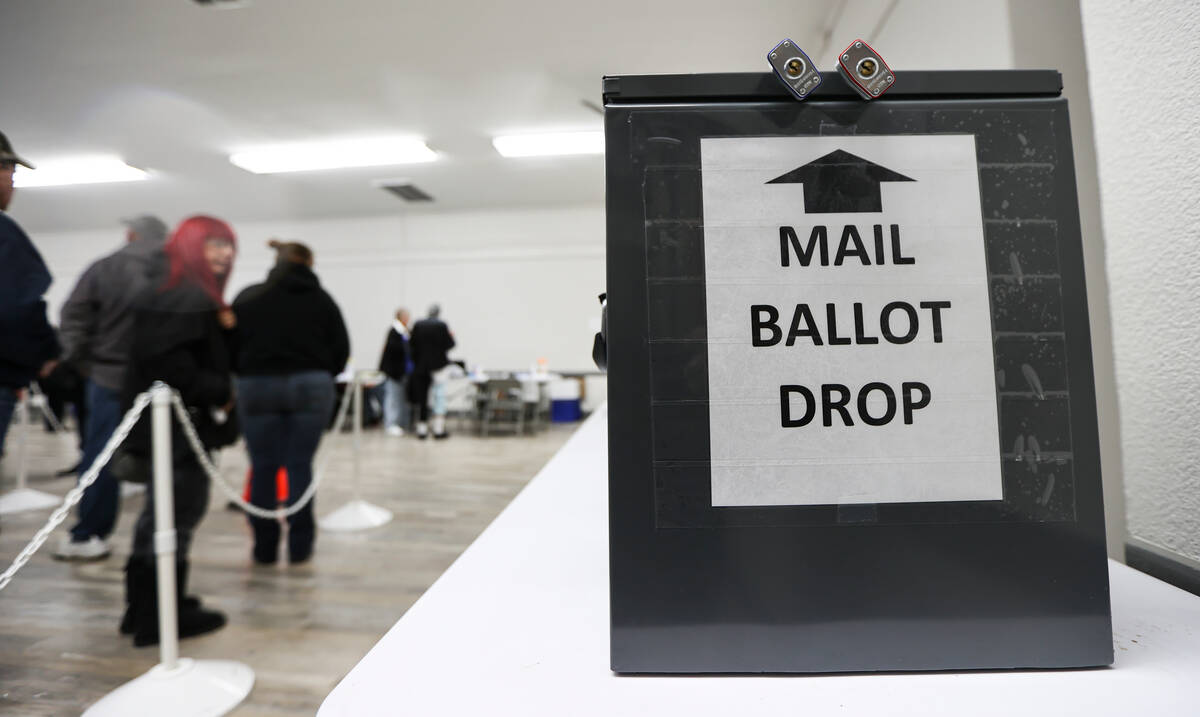 A mail ballot drop box is seen on Election Day at Bob Ruud Community Center in Pahrump on Tuesd ...