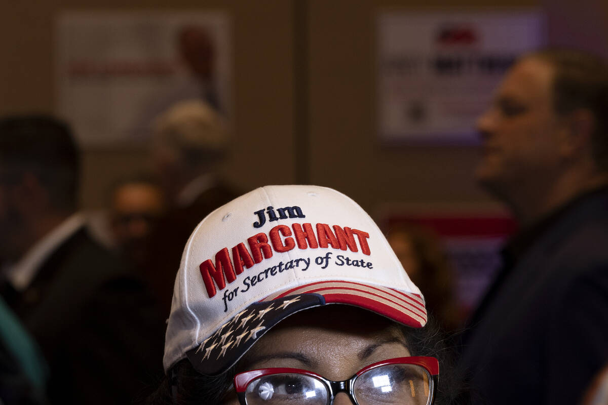 A supporter of Jim Marchant, Republican candidate for secretary of state in Nevada, speaks to t ...