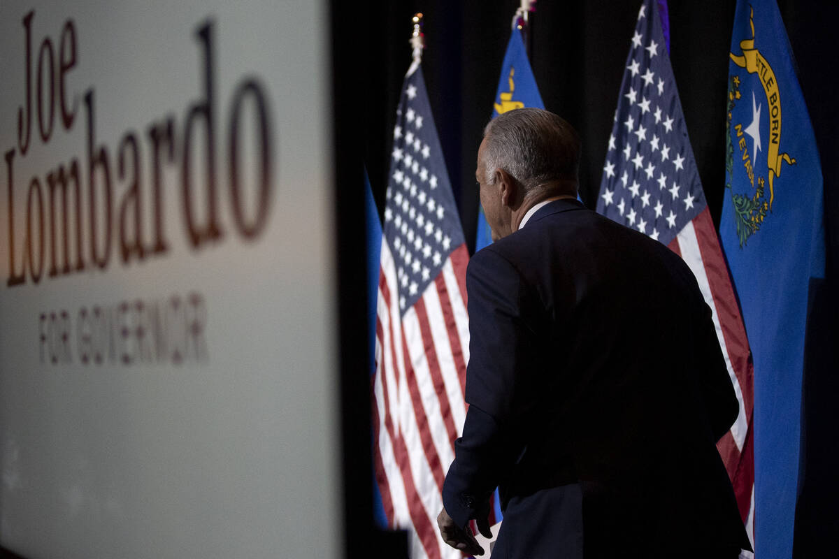Clark County Sheriff Joe Lombardo, Republican candidate for governor of Nevada, walks on stage ...