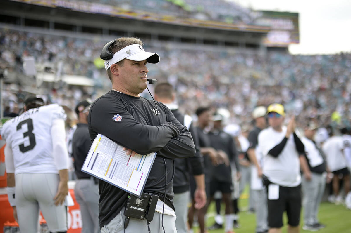 Raiders head coach Josh McDaniels watches from the sideline prior to the start of an NFL footba ...
