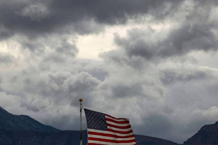 Clouds linger over the Las Vegas valley during a cool and windy afternoon, on Monday, Oct. 7, 2 ...