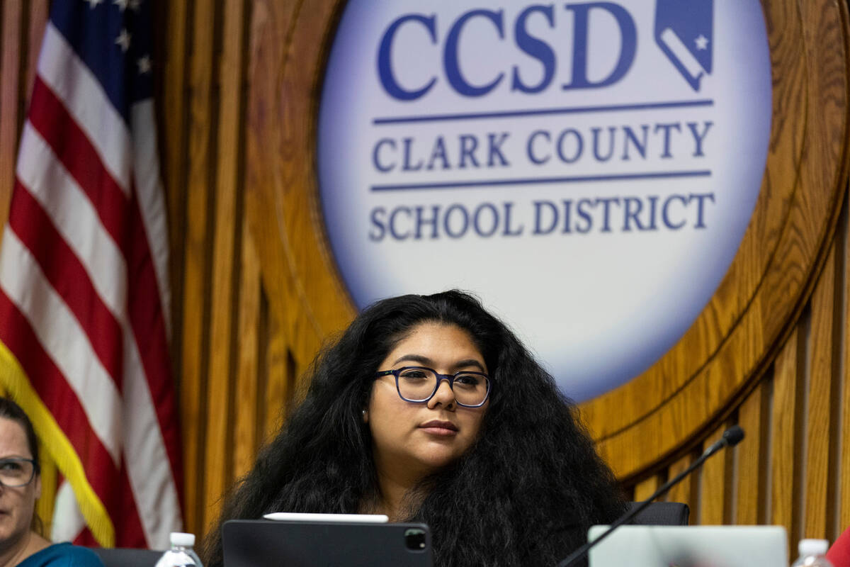 Clark County School Board member Irene Cepeda participates during a meeting at the Edward A. Gr ...