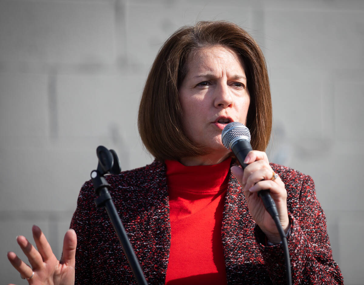 Sen. Catherine Cortez Masto speaks to the crowd during a Horse Parade to rally voters ahead of ...