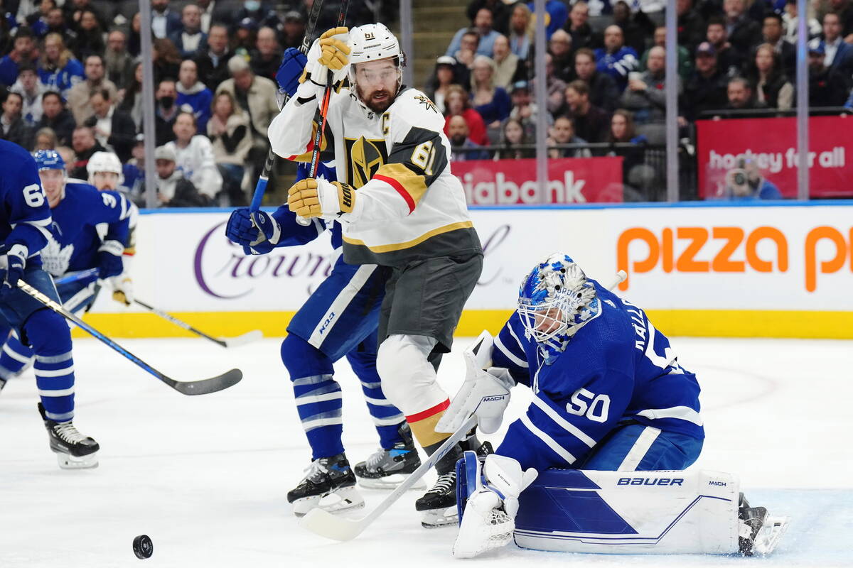 Toronto Maple Leafs goaltender Erik Kallgren (50) makes a save as Vegas Golden Knights forward ...