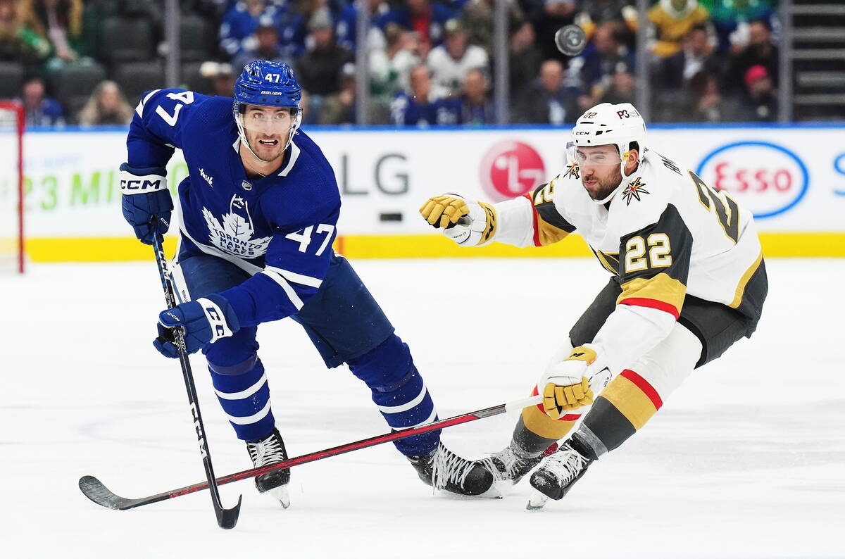 Toronto Maple Leafs forward Pierre Engvall (47) and Vegas Golden Knights forward Michael Amadio ...