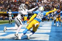 Raiders safety Johnathan Abram (24) defends a pass intended for Los Angeles Chargers wide recei ...