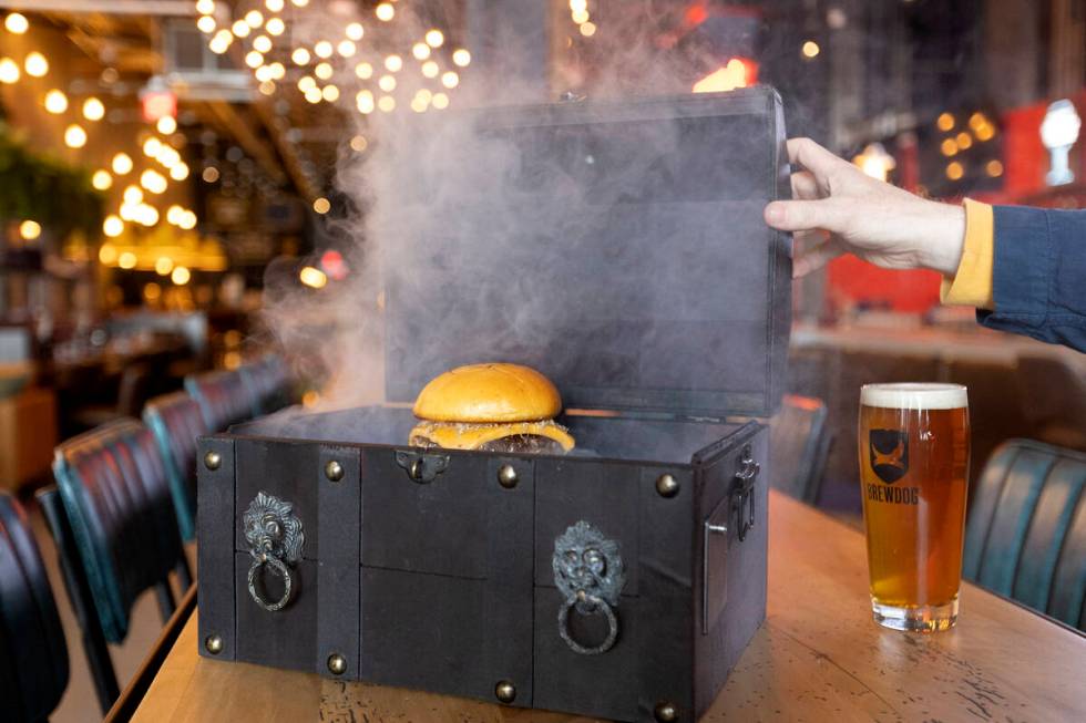 The wagyu burger is displayed at the new BrewDog atop Showcase Mall on Friday, Nov. 18, 2022, i ...