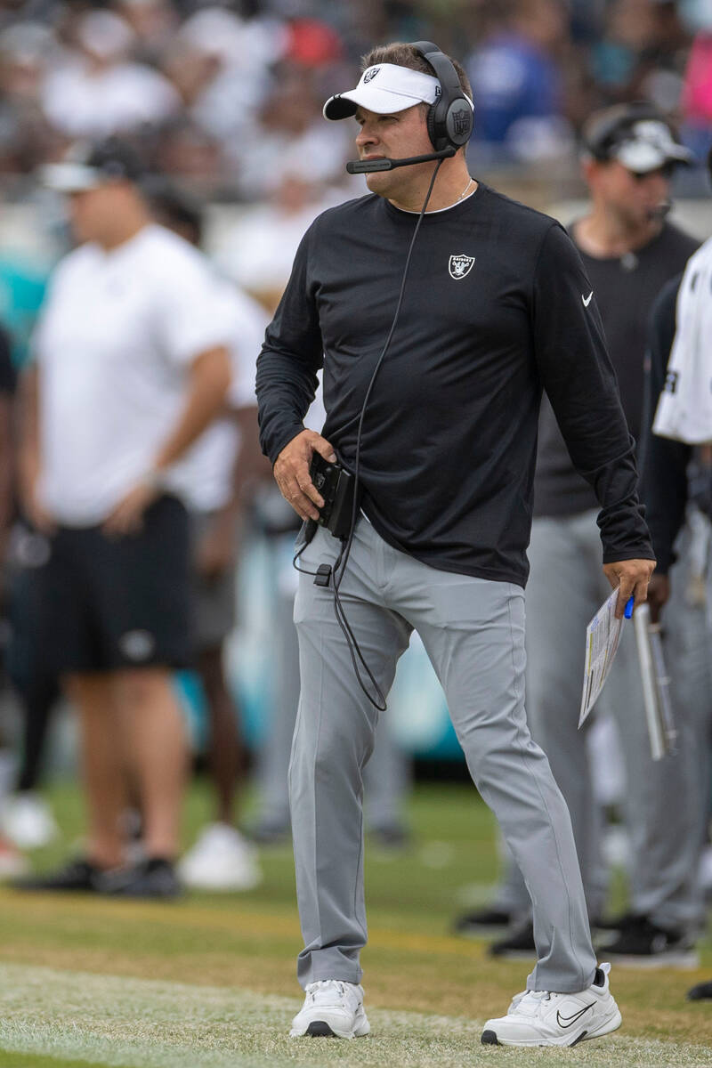 Raiders head coach Josh McDaniels on the sideline during the second half of an NFL game against ...