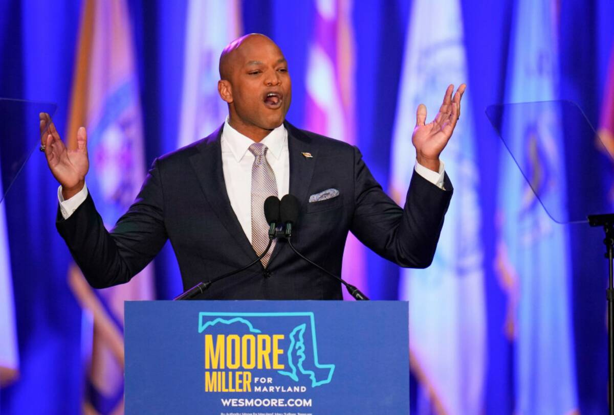 Democrat Wes Moore speaks to supporters during an election night gathering after he was declare ...