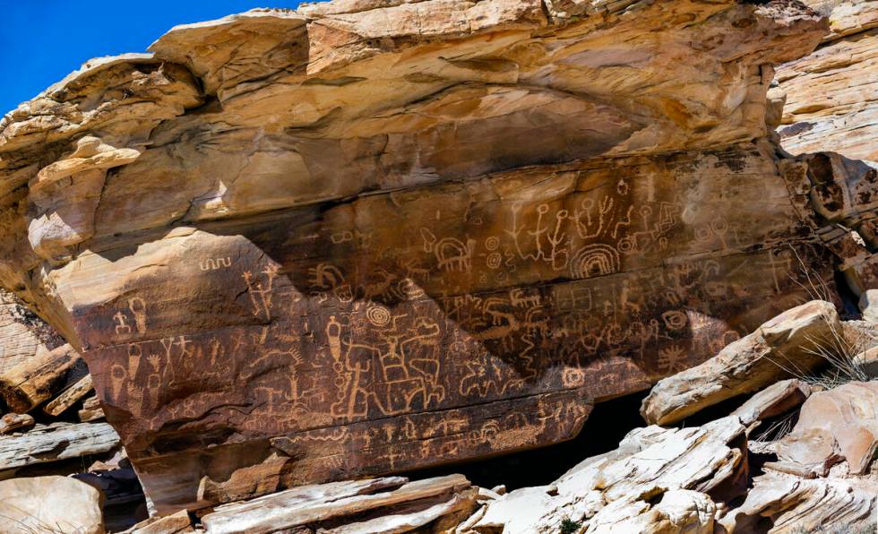 Petroglyphs in the Gold Butte National Monument on Wednesday, Oct. 5, 2022, in Logandale, Nevad ...