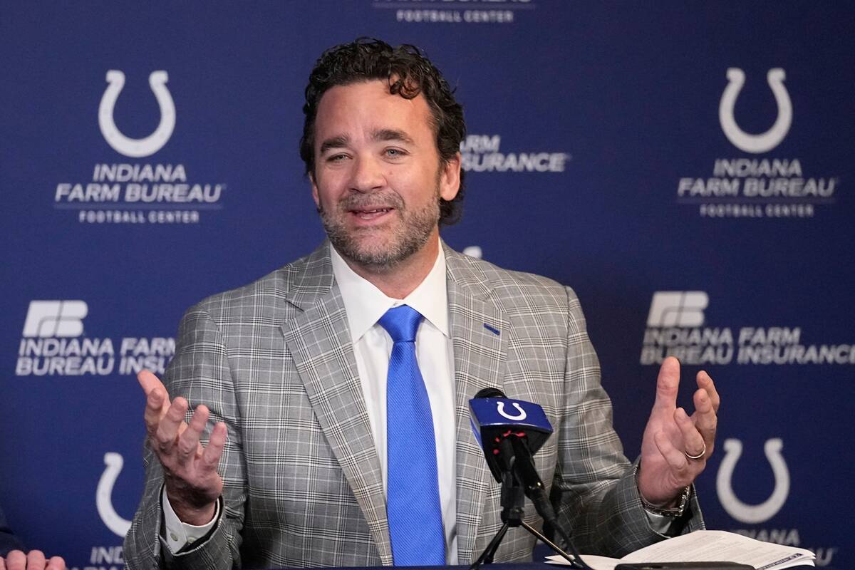 Indianapolis Colts interim coach Jeff Saturday speaks during a news conference at the NFL footb ...