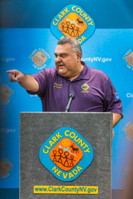 Clark County Registrar of Voters Joe Gloria takes a question during a press conference at the C ...