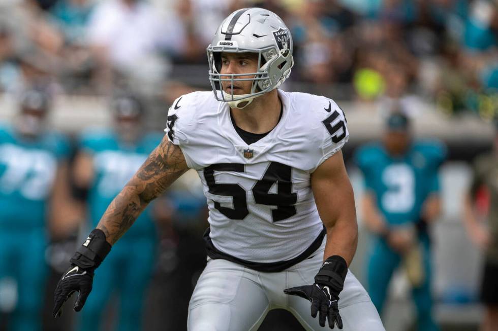 Raiders linebacker Blake Martinez (54) defends against the Jacksonville Jaguars during the firs ...