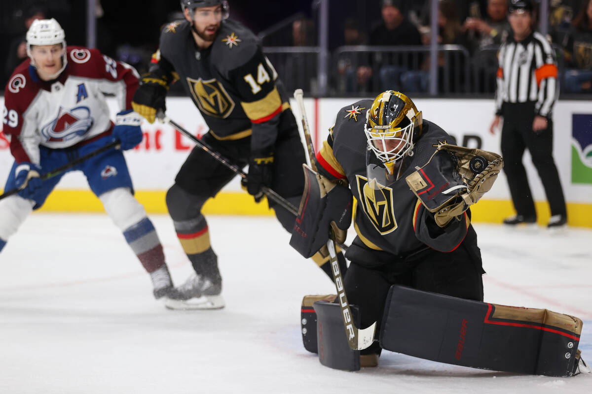 Vegas Golden Knights goaltender Laurent Brossoit (39) makes a save against Colorado Avalanche d ...