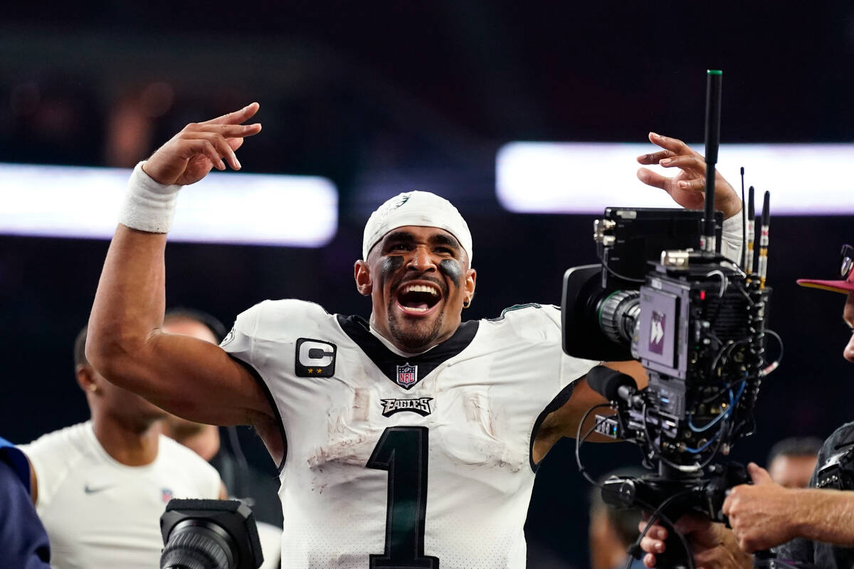 Philadelphia Eagles quarterback Jalen Hurts (1) reacts after defeating the Houston Texans in an ...