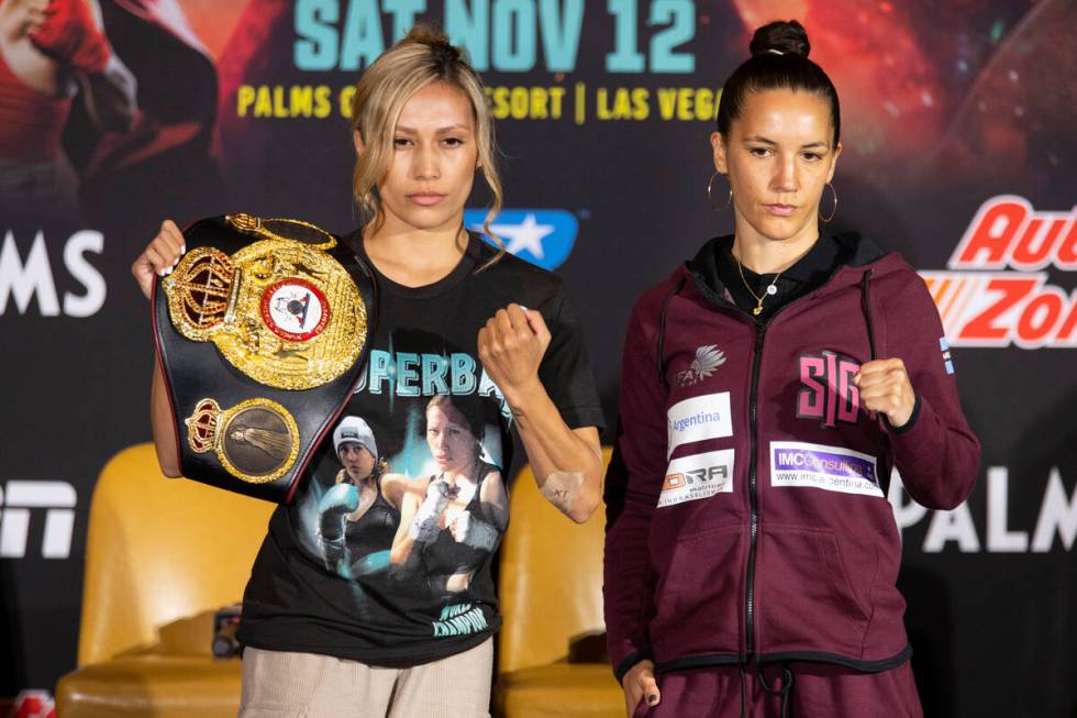 Seniesa Estrada, left, and her opponent Jazmin Gala Villarino, pose during a press conference o ...