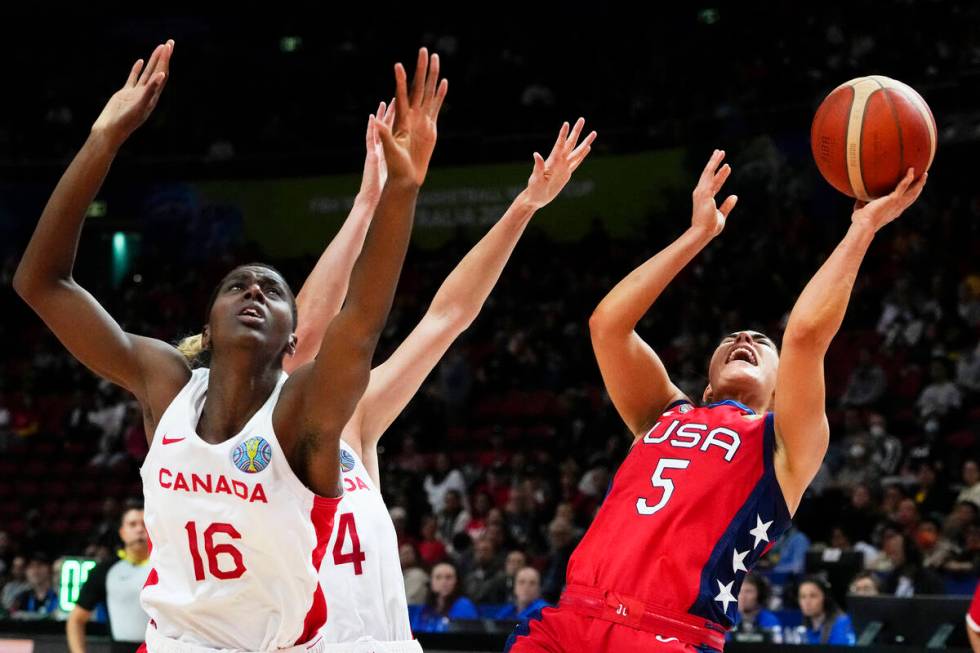 United States' Kelsey Plum reacts as she is fouled as she shoots for goal during a semifinal ga ...