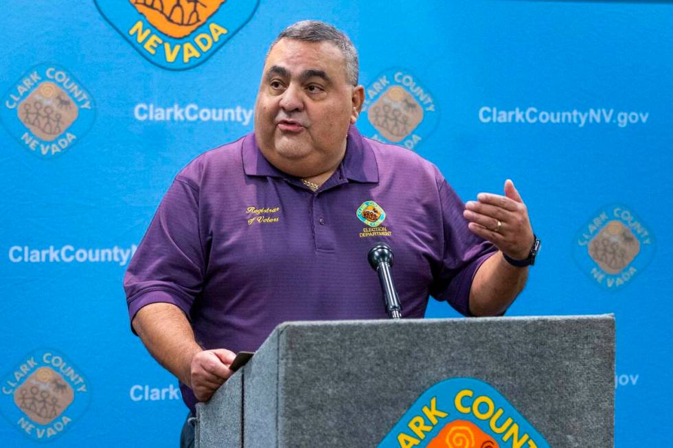 Clark County Registrar of Voters Joe Gloria speaks during a press conference at the Clark Count ...