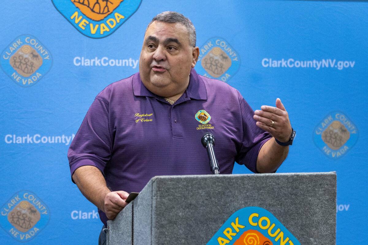 Clark County Registrar of Voters Joe Gloria speaks during a press conference at the Clark Count ...
