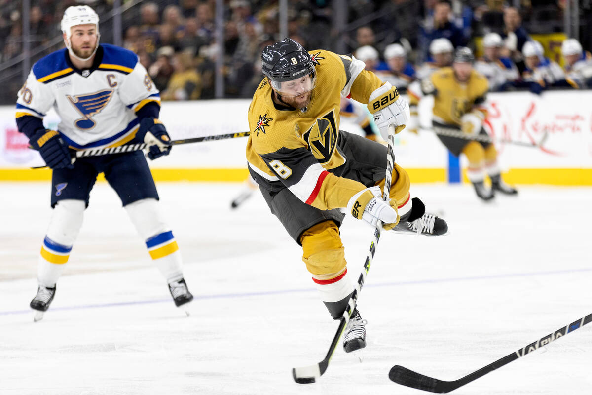 Vegas Golden Knights center Phil Kessel (8) winds up to shoot before scoring a goal during the ...