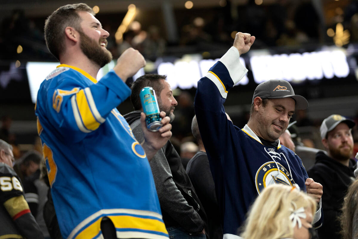 St. Louis Blues fans celebrate the team's win in an NHL hockey game against the Vegas Golden Kn ...
