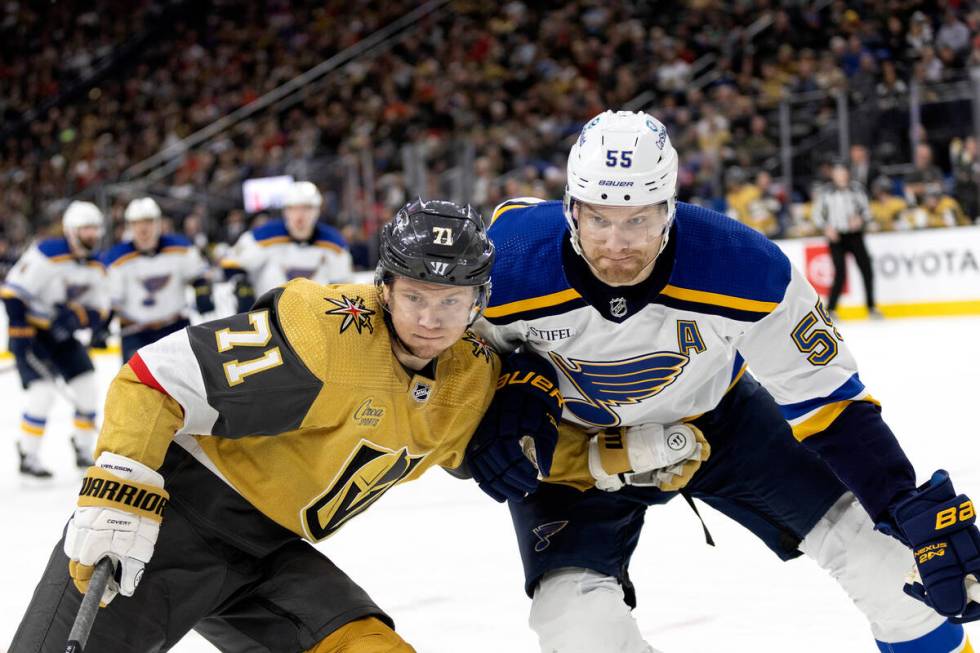 Vegas Golden Knights center William Karlsson (71) skates against St. Louis Blues defenseman Col ...