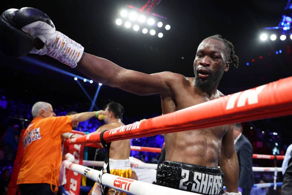 Denzel Bentley gestures at the crowd following his WBO middleweight title bout against Janibek ...