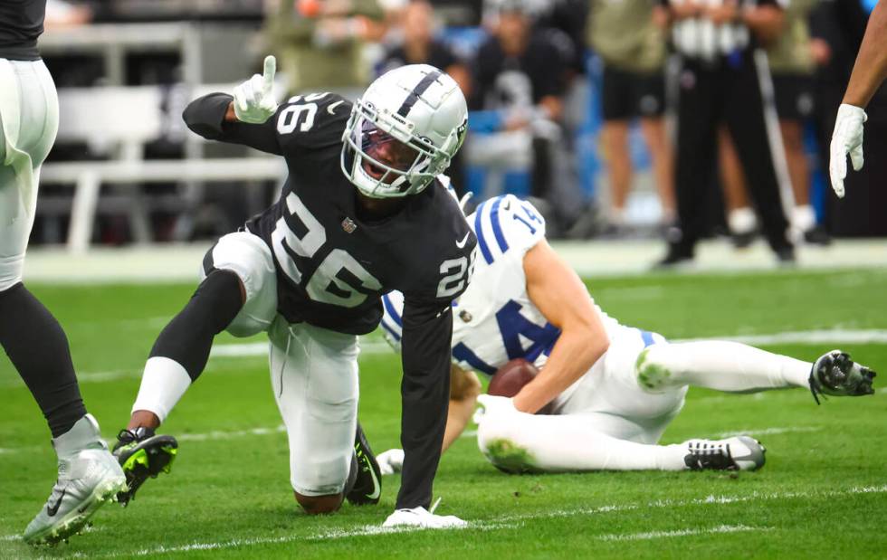 Raiders cornerback Rock Ya-Sin (26) reacts after making the stop against Indianapolis Colts wid ...