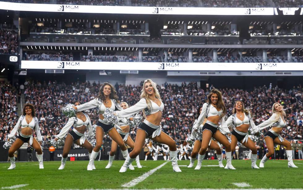 The Raiderettes perform during the second half of an NFL game at Allegiant Stadium on Sunday, N ...