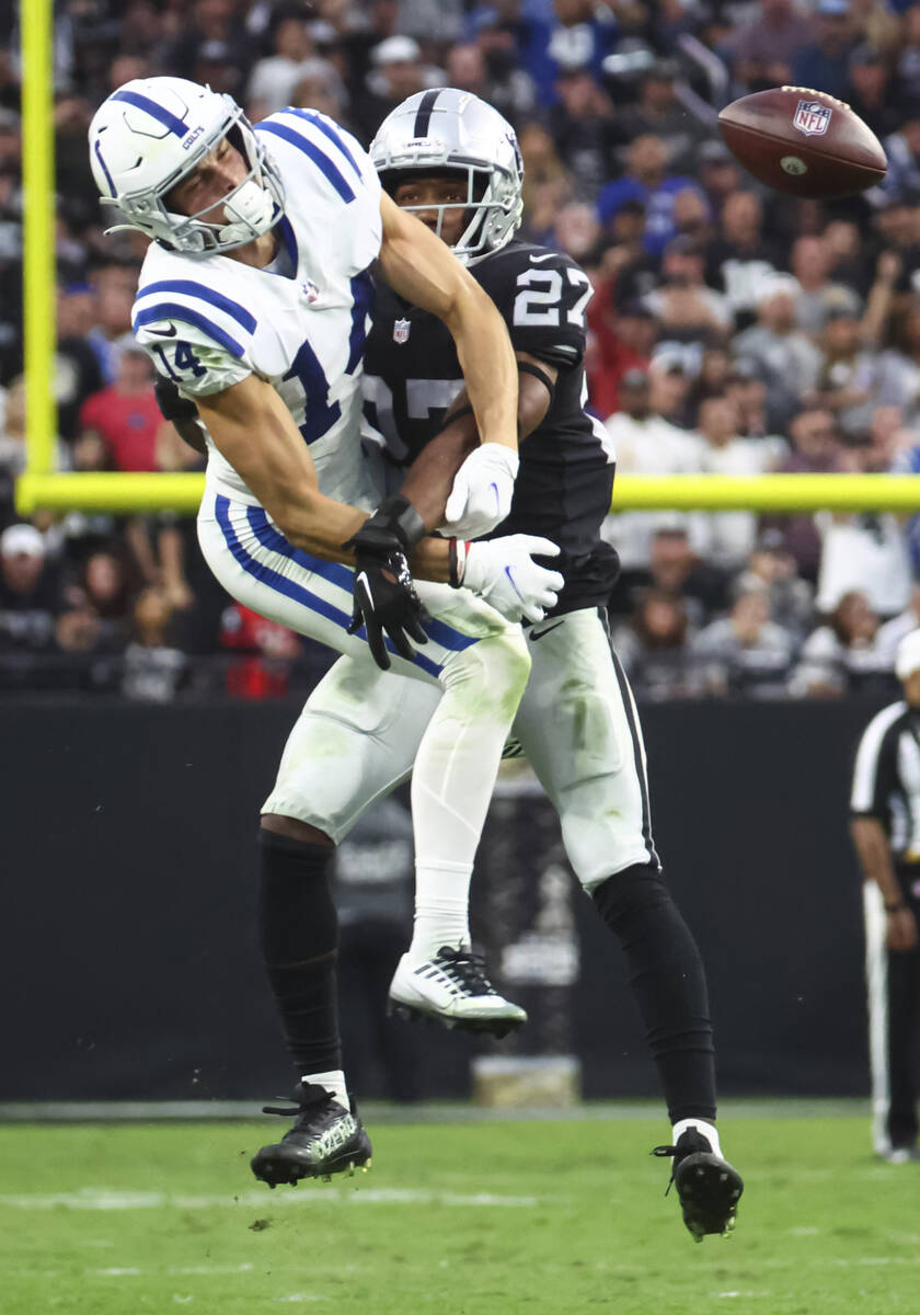 Raiders cornerback Sam Webb (27) breaks up a pass intended for Indianapolis Colts wide receiver ...