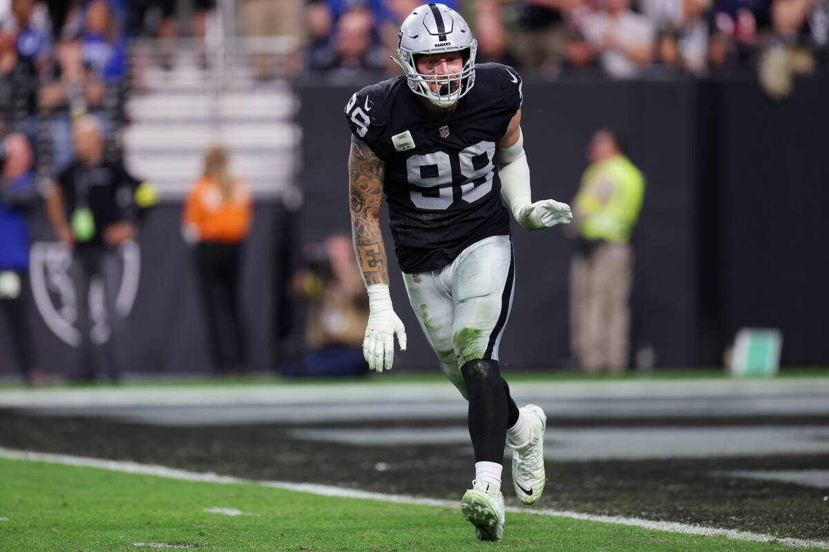 Raiders defensive end Clelin Ferrell (99) reacts after a play in the second half of an NFL foot ...